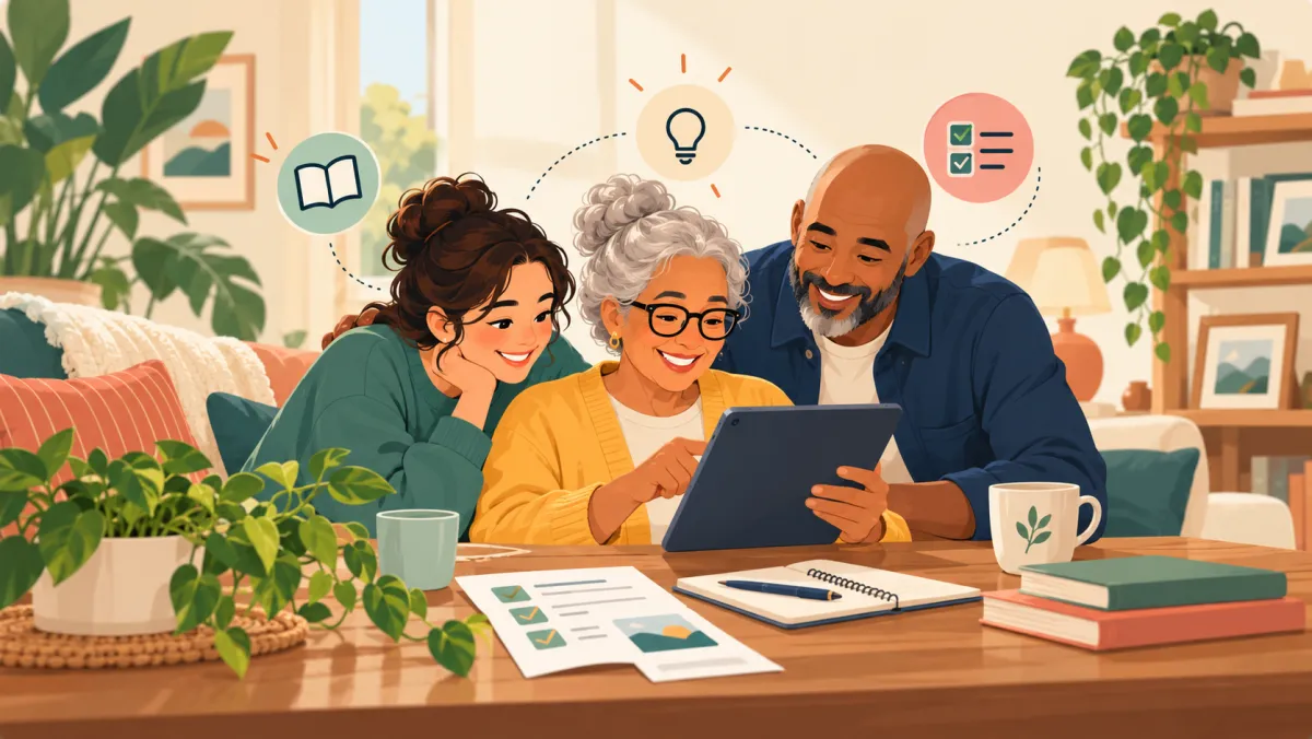 Illustration of three generations at a kitchen table, smiling as they read a tablet together, with a printed checklist and a notebook in front of them.